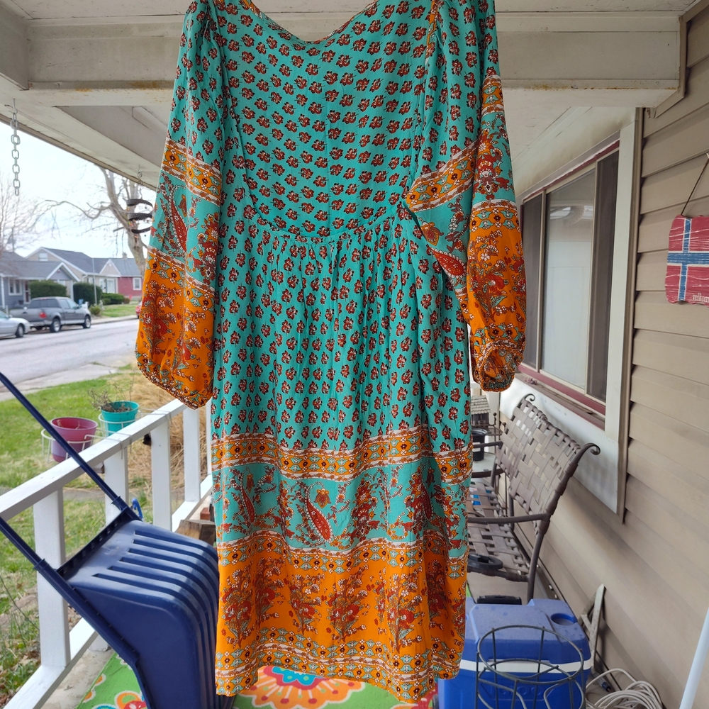 Floral Bohemian Dress - Orange and Teal - Picture 2 of 4